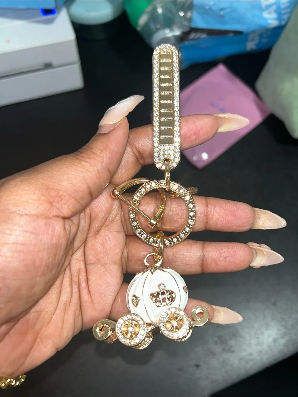 Gold-Tone Crystal Carousel Keychain Charm – Pink & White Accents